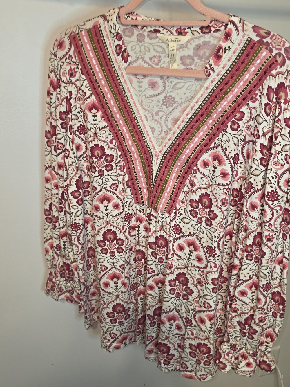Matilda Jane Pink Floral V-Neck Tunic with Embroidered Trim